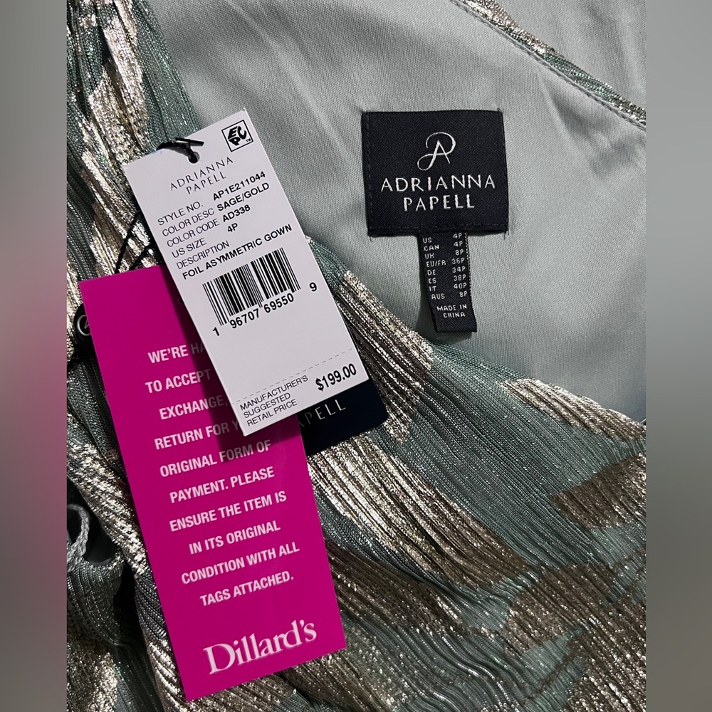 NWT Adrianna Papell Foiled Asymmetrical Evening Gown | Size 4P - Picture 12 of 12
